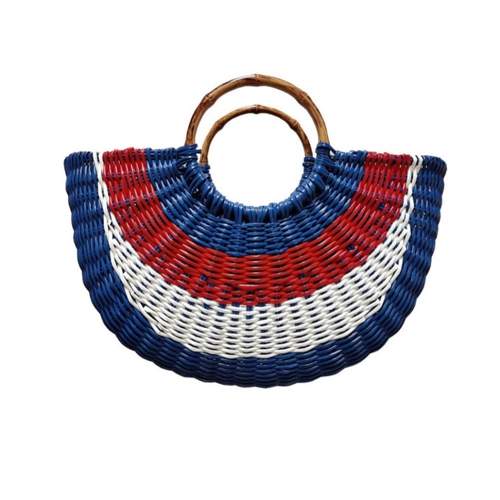 INC RED WHITE AND BLUE STRAW FAN TOTE WITH BAMBOO HANDLE NWT